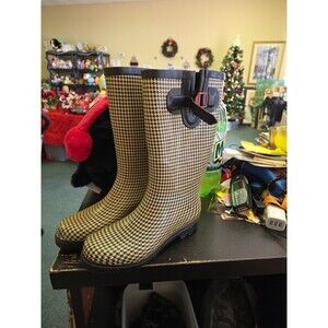 Austin Trading Co Rain Boots - Black And Yellow Houndstooth- Sz 7 Womens